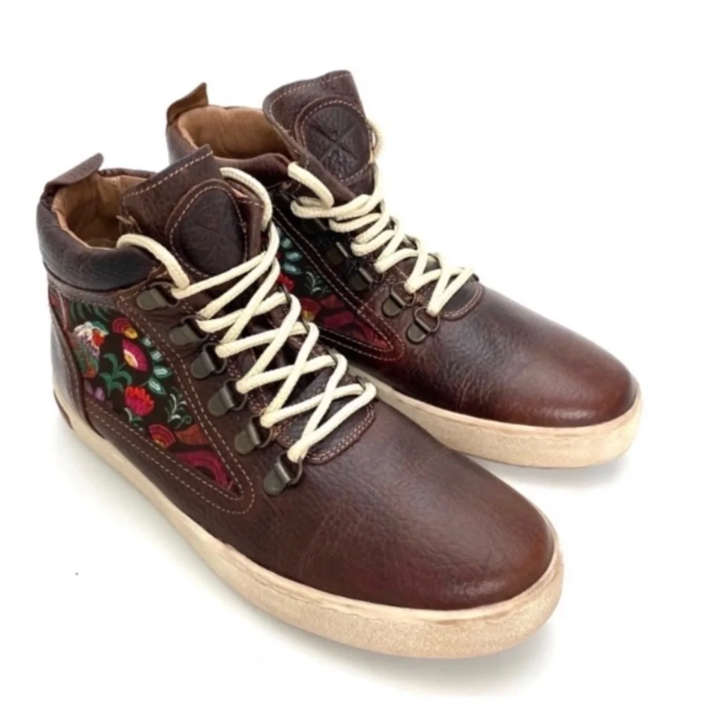 Inkkas Rooster Floral Camping Leather Hi Top Hiking Boot Sneakers Brown Size 8